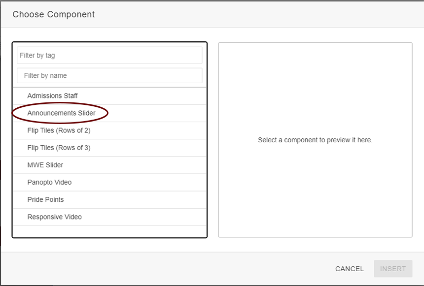 A screenshot of the component list with Announcements Slider circled