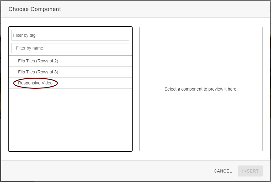 a screenshot of the choose component box with a circle around responsive video