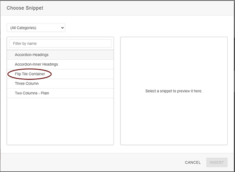 screenshot of the choose snippet box with flip tile container circled