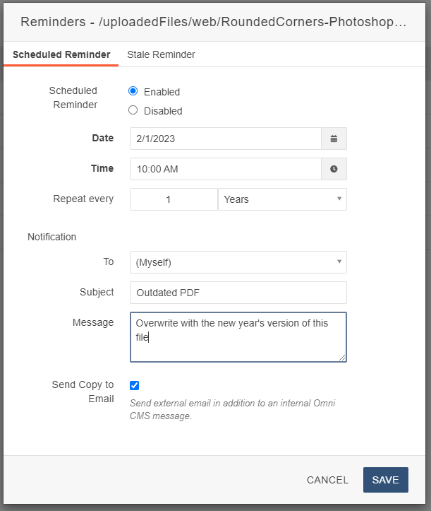 screenshot of the reminder settings box